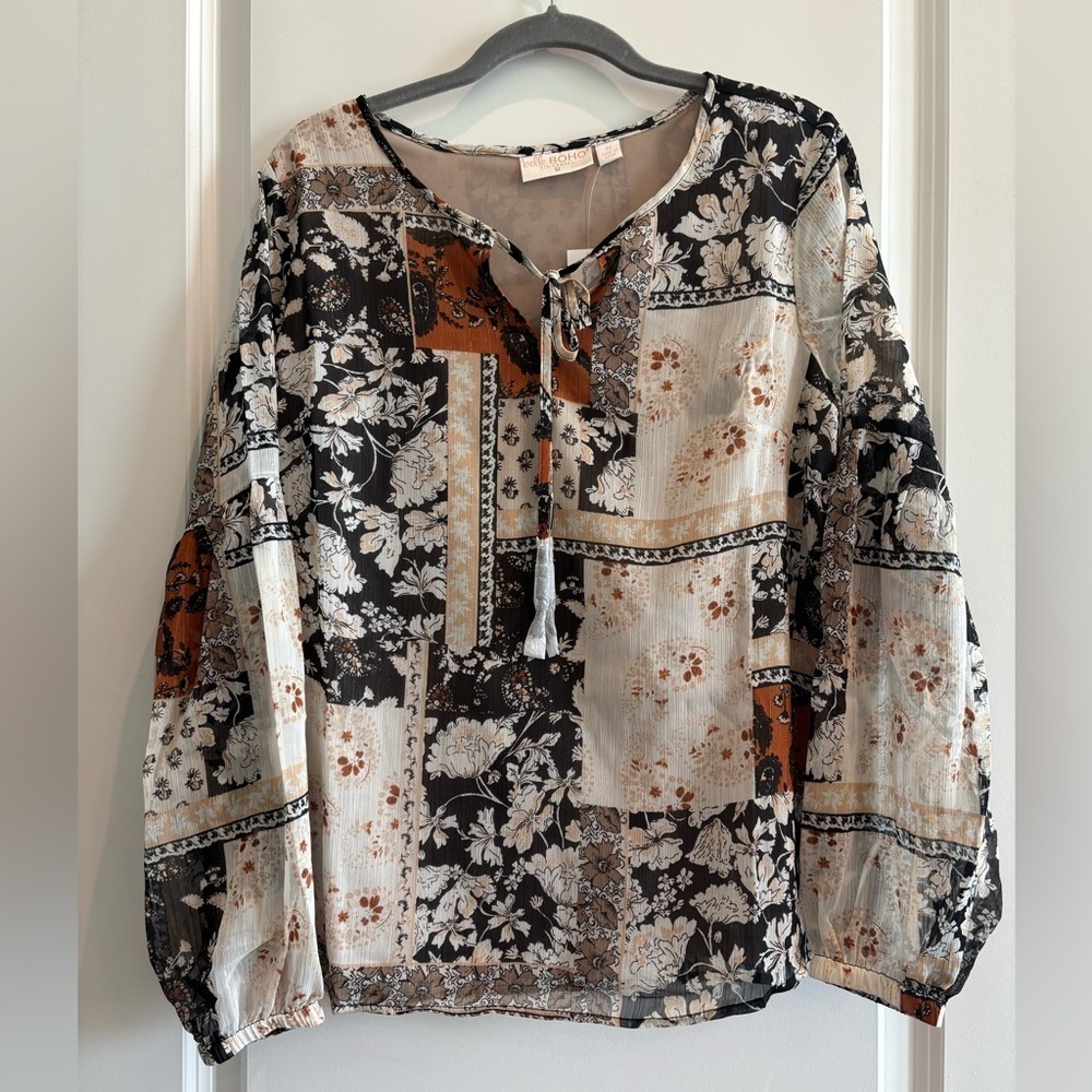 Belle by Kim Gravel Boho Patchwork Floral Peasant Blouse XS New